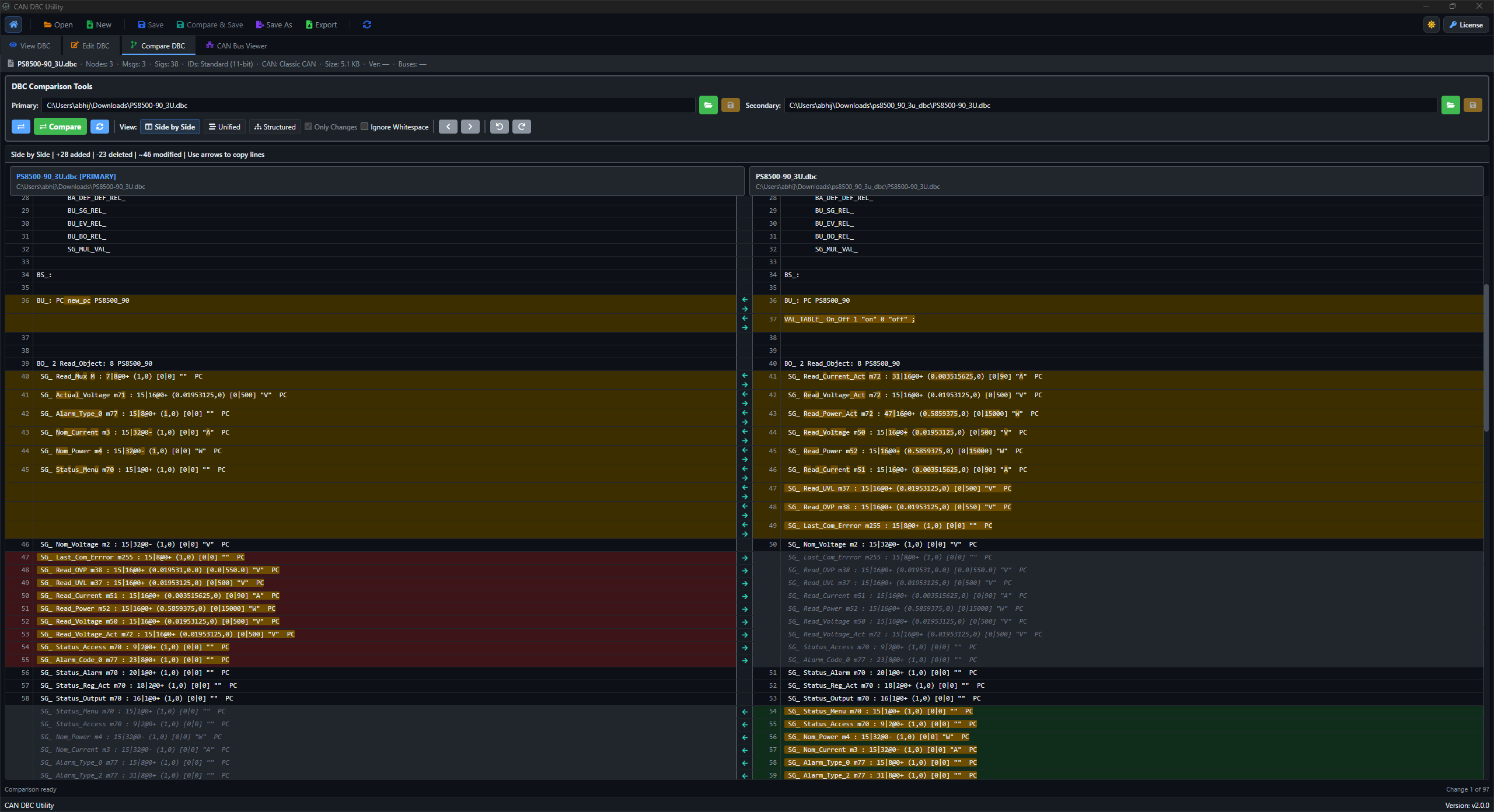 DBC Utility dark compare screen with primary and secondary DBC files