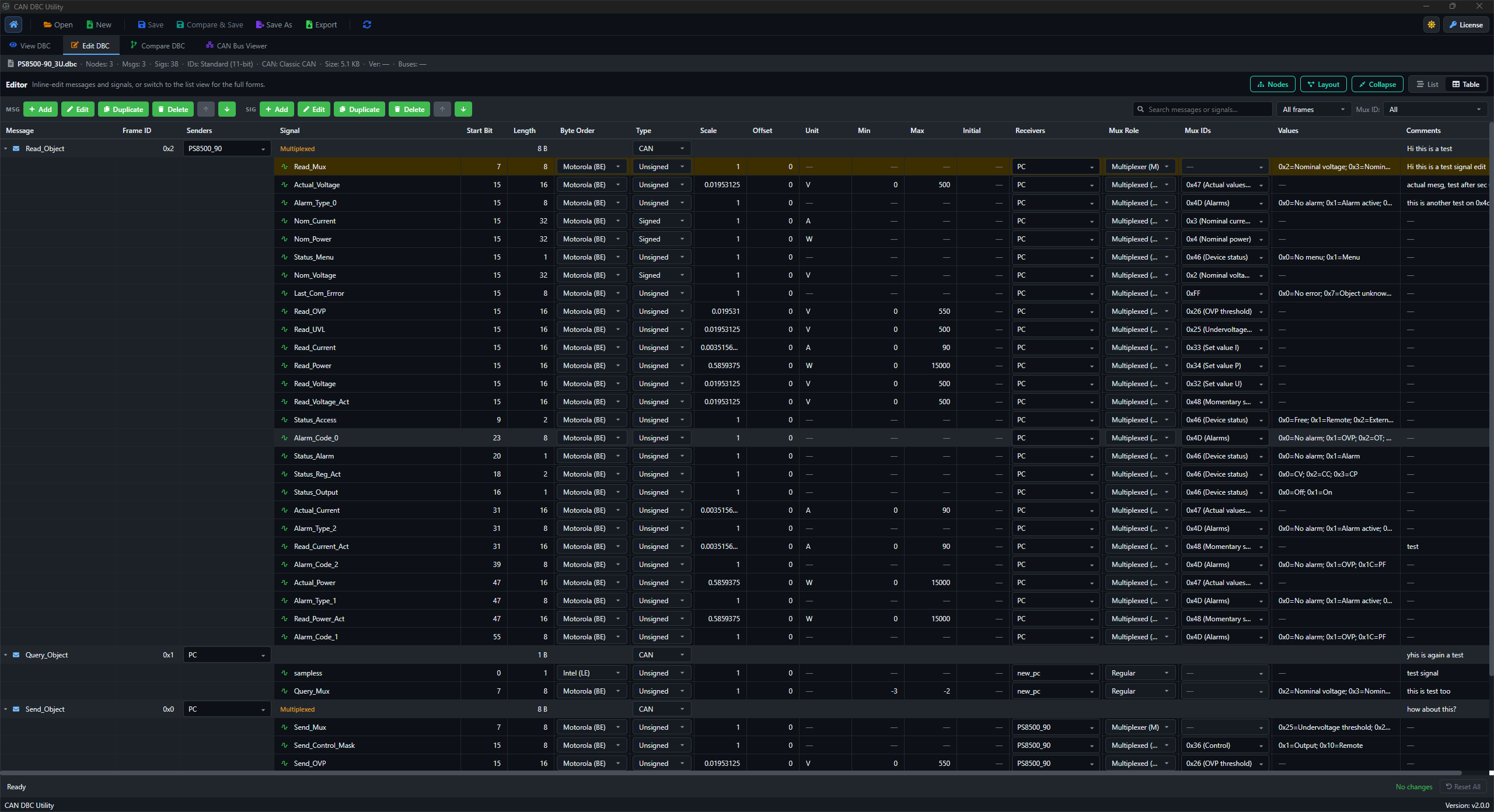 DBC Utility dark editor table for messages and signals