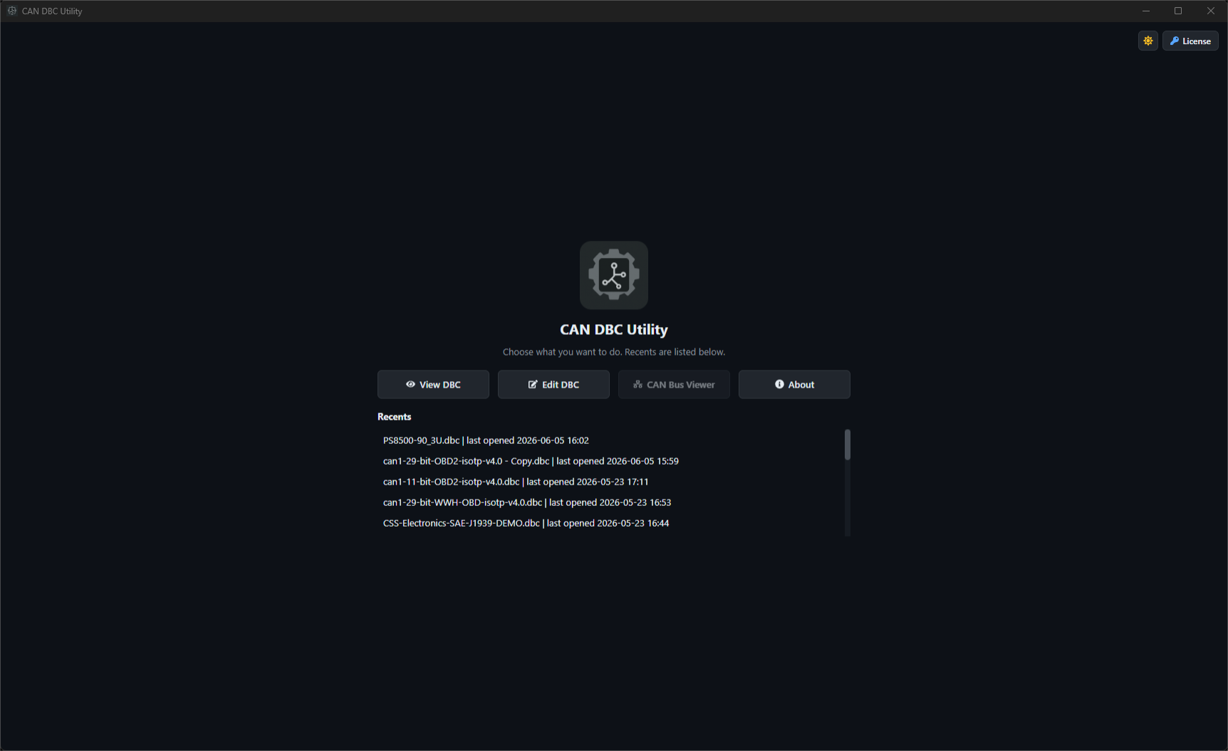 DBC Utility dark home screen with View DBC, Edit DBC, and recent files