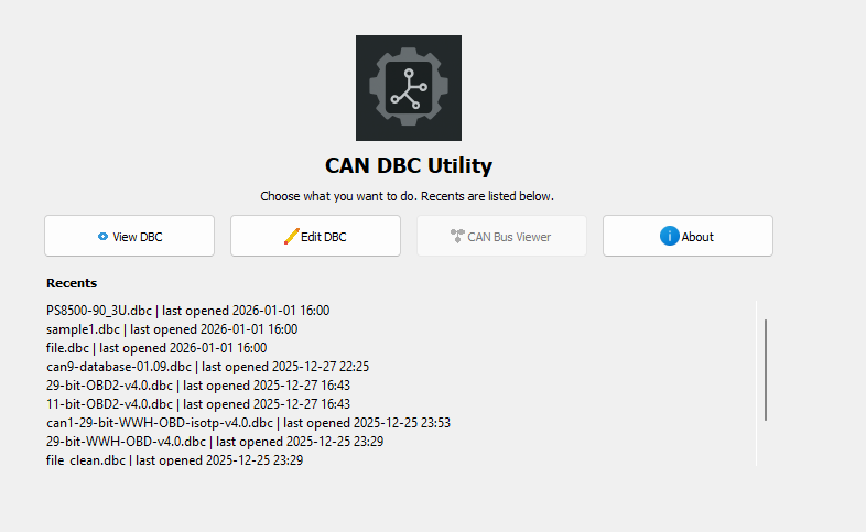 DBC Utility home screen showing recent DBC files