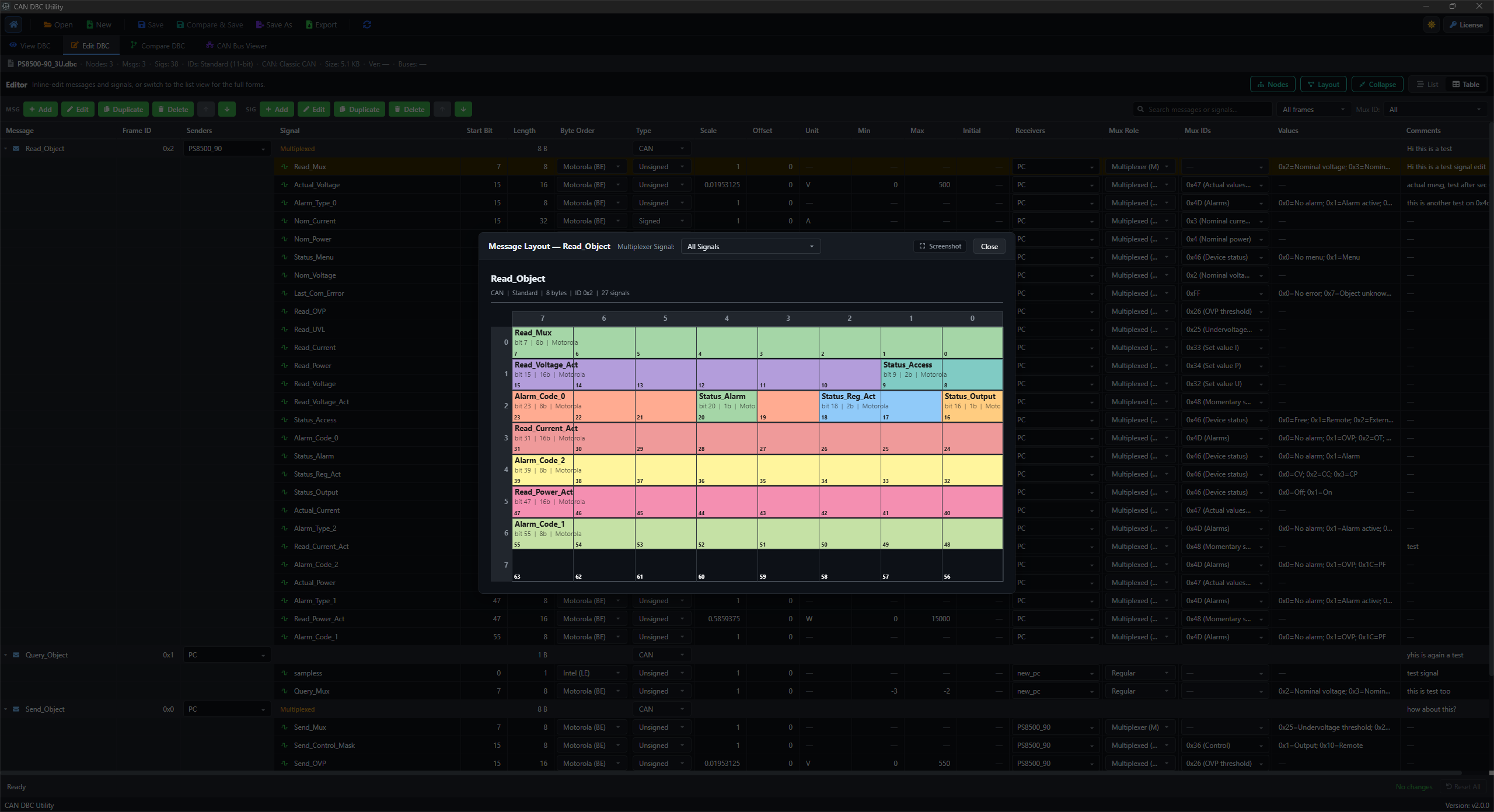DBC Utility dark message layout visualizer dialog