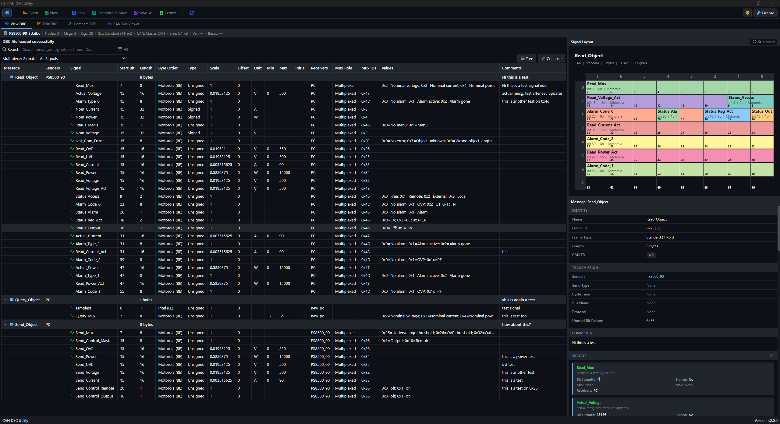 DBC Utility dark viewer showing messages, signals, multiplexer data, signal layout, and item details