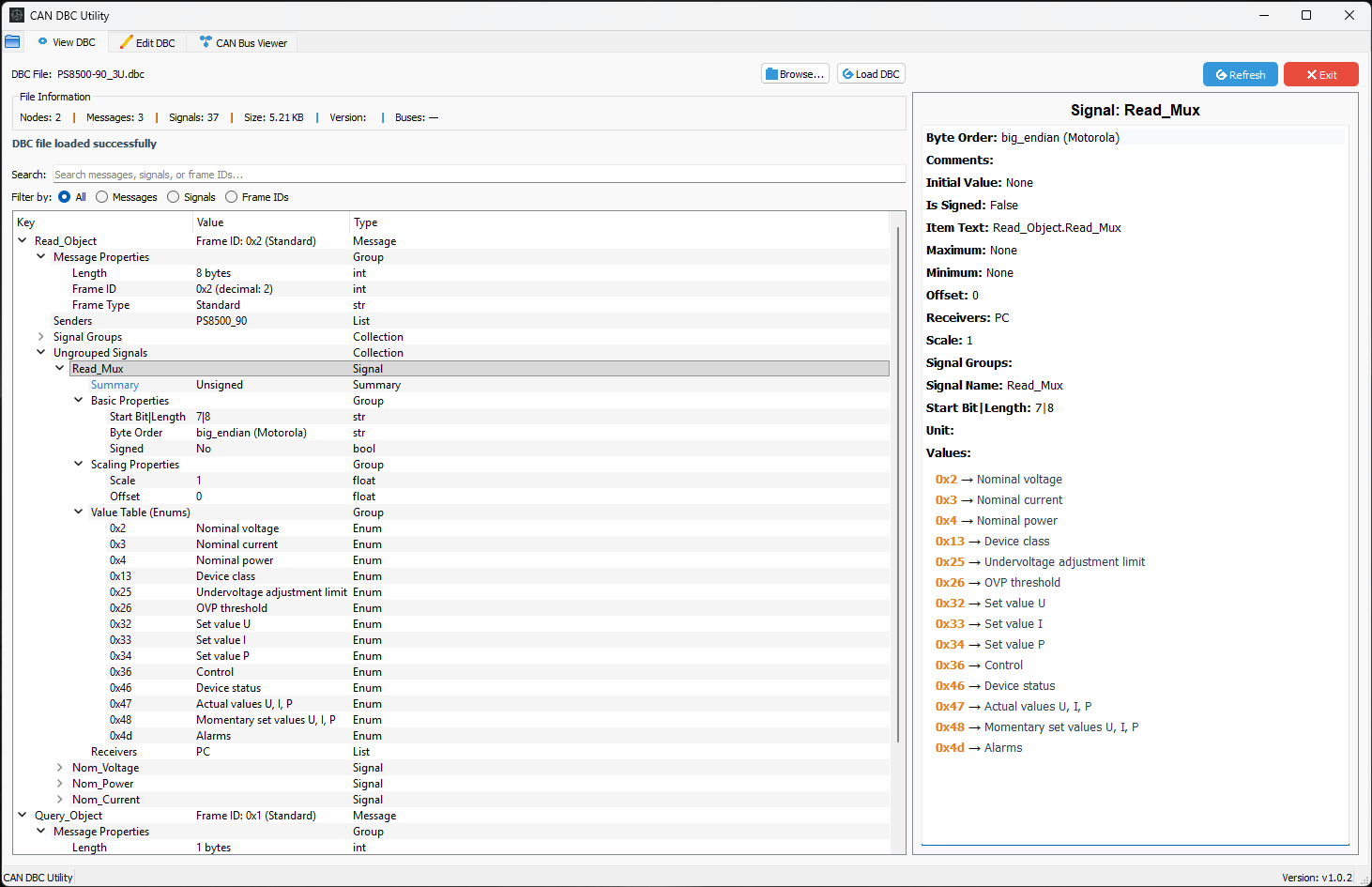 DBC Utility interface showing a DBC file viewer with message and signal hierarchy