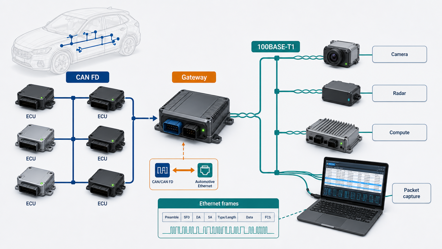 Automotive Ethernet backbone connected to CAN, CAN FD, and LIN network branches