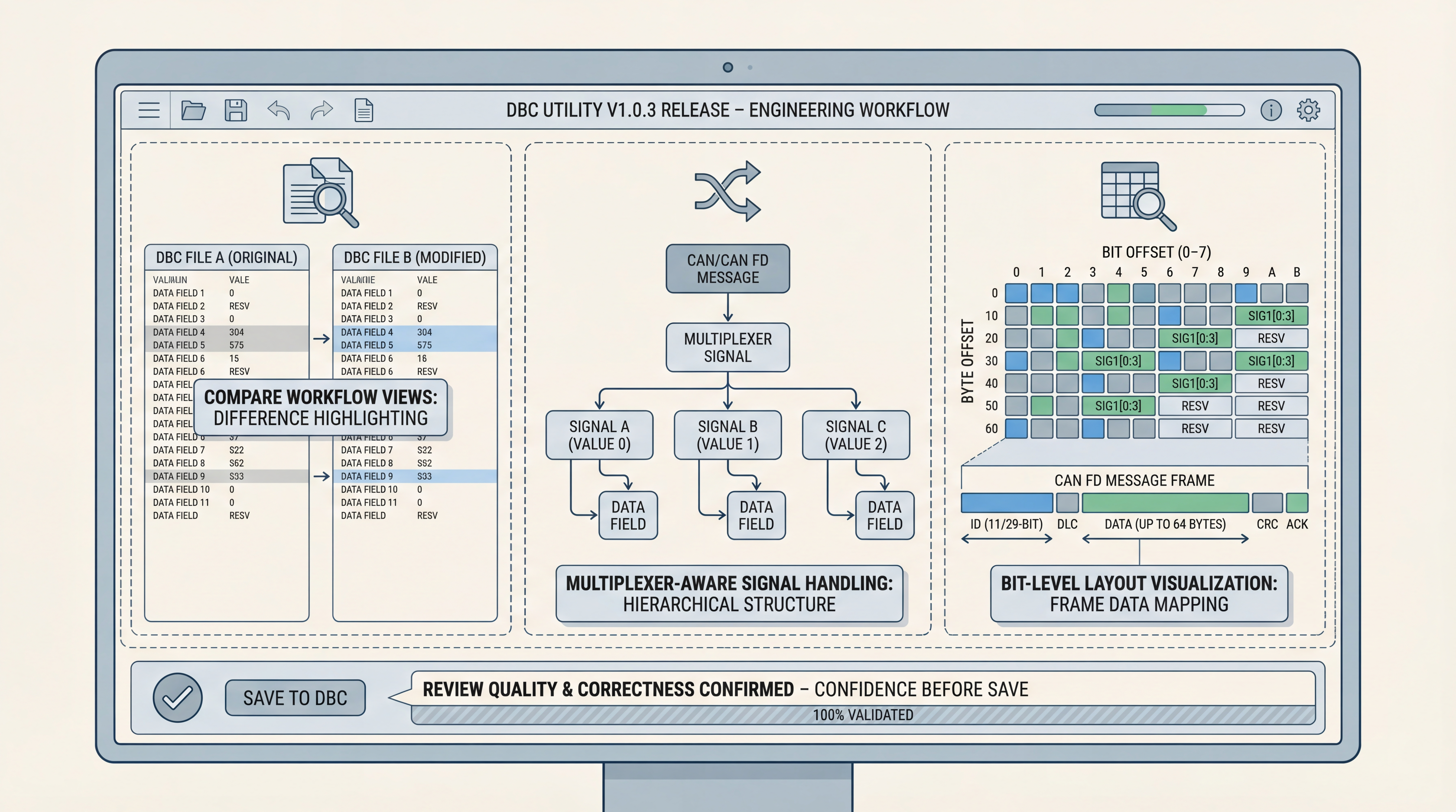 Illustration of a DBC editor with compare, multiplexer, and CAN FD layout concepts