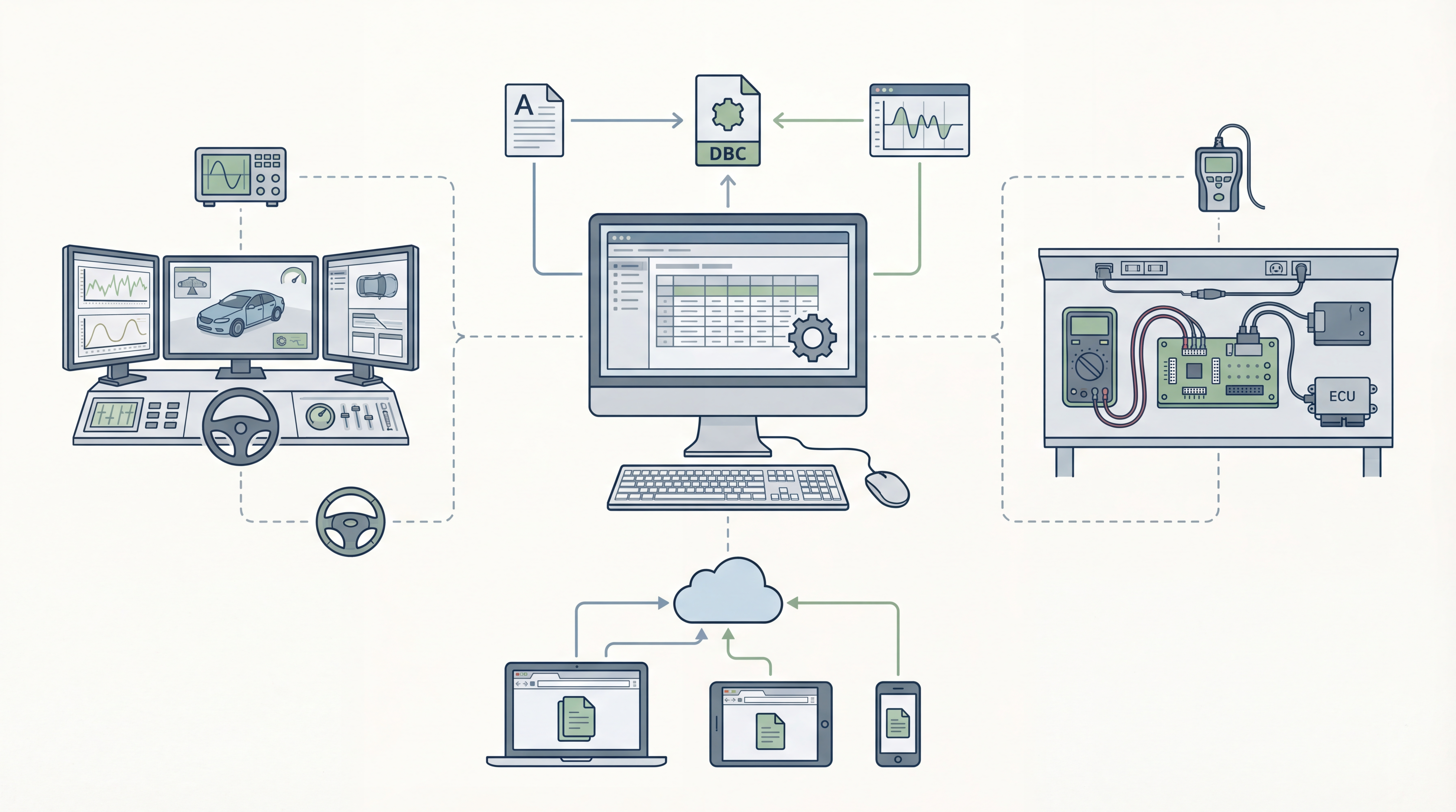 Illustration comparing DBC Utility, commercial suites, and open tooling options