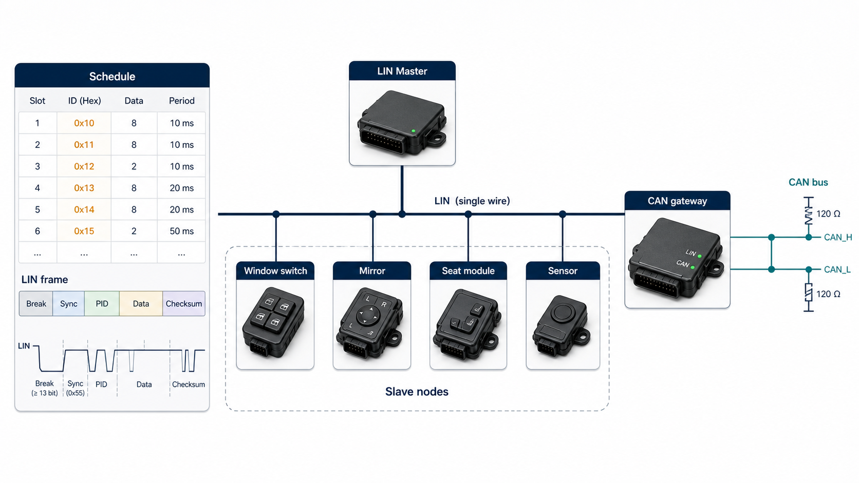 Vehicle network architecture showing LIN sub-buses connected through CAN gateways