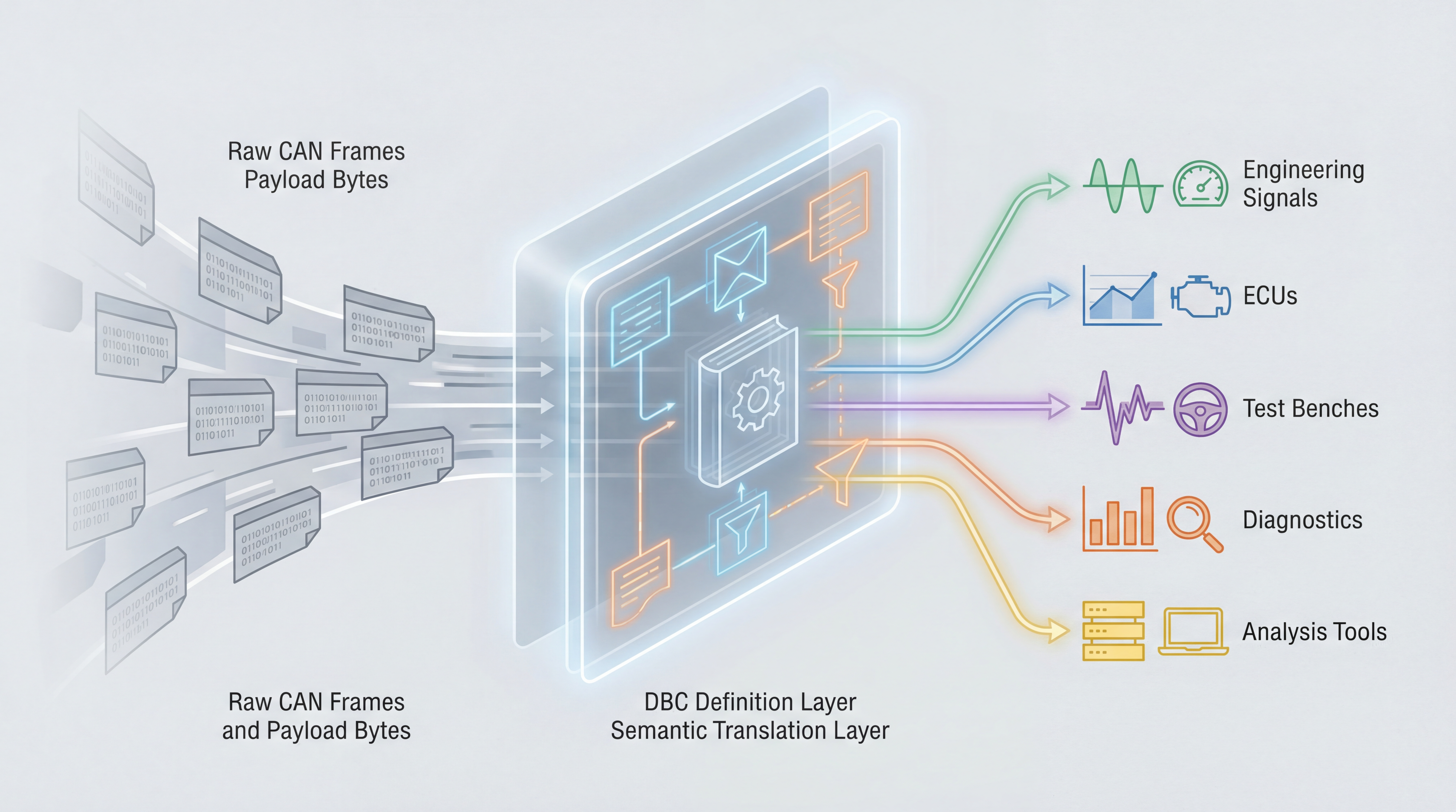 CAN bus and ECU illustration with a highlighted DBC file schema